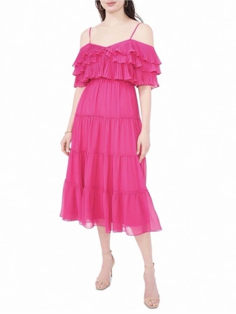 CeCe Women's Tiered Cold Shoulder Ruffle Midi Dress Wild Petunia 14